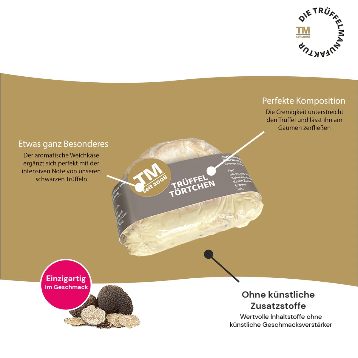 Die Trüffelmanufaktur - Feinkost Trüffelkäse mit 5% echtem schwarzem Trüffel, sahniges frisches Trüffel-Käse-Törtchen mit feiner Mascarpone Frischkäse-Trüffelfüllung, Gourmet Weichkäse 110 g
