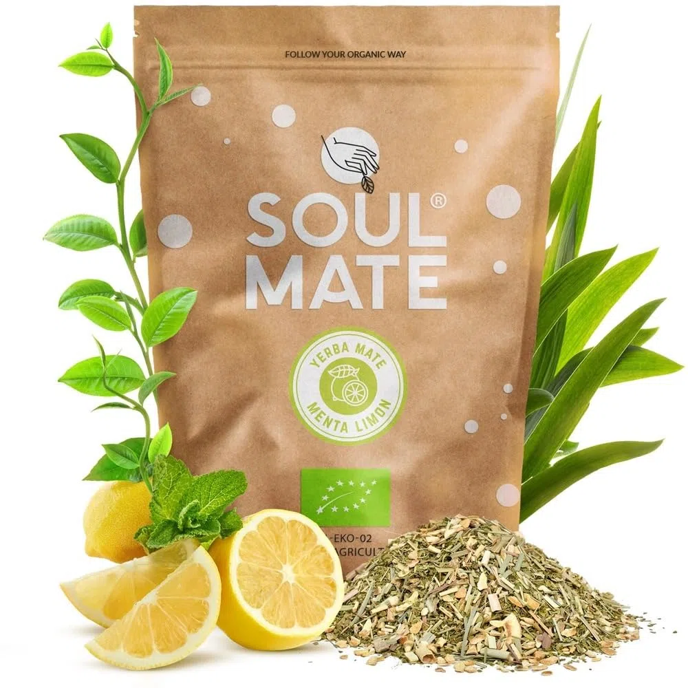 Mate Tee Bio Soul Mate Menta Limon 500g - Organische Yerba Mate aus Brasilien - mit Minze und Zitrone - Luftgetrocknet Sin Humo - Wenig Staub - Erfrischend und Belebend - Ideal für Einsteiger