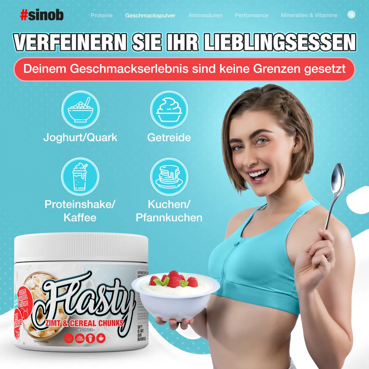 Flasty Geschmackspulver Zimt Cereal & Chunks 250g | Nie wieder langweiliger Quark – über 25 Sorten bei nur 7–9 kcal pro Portion
