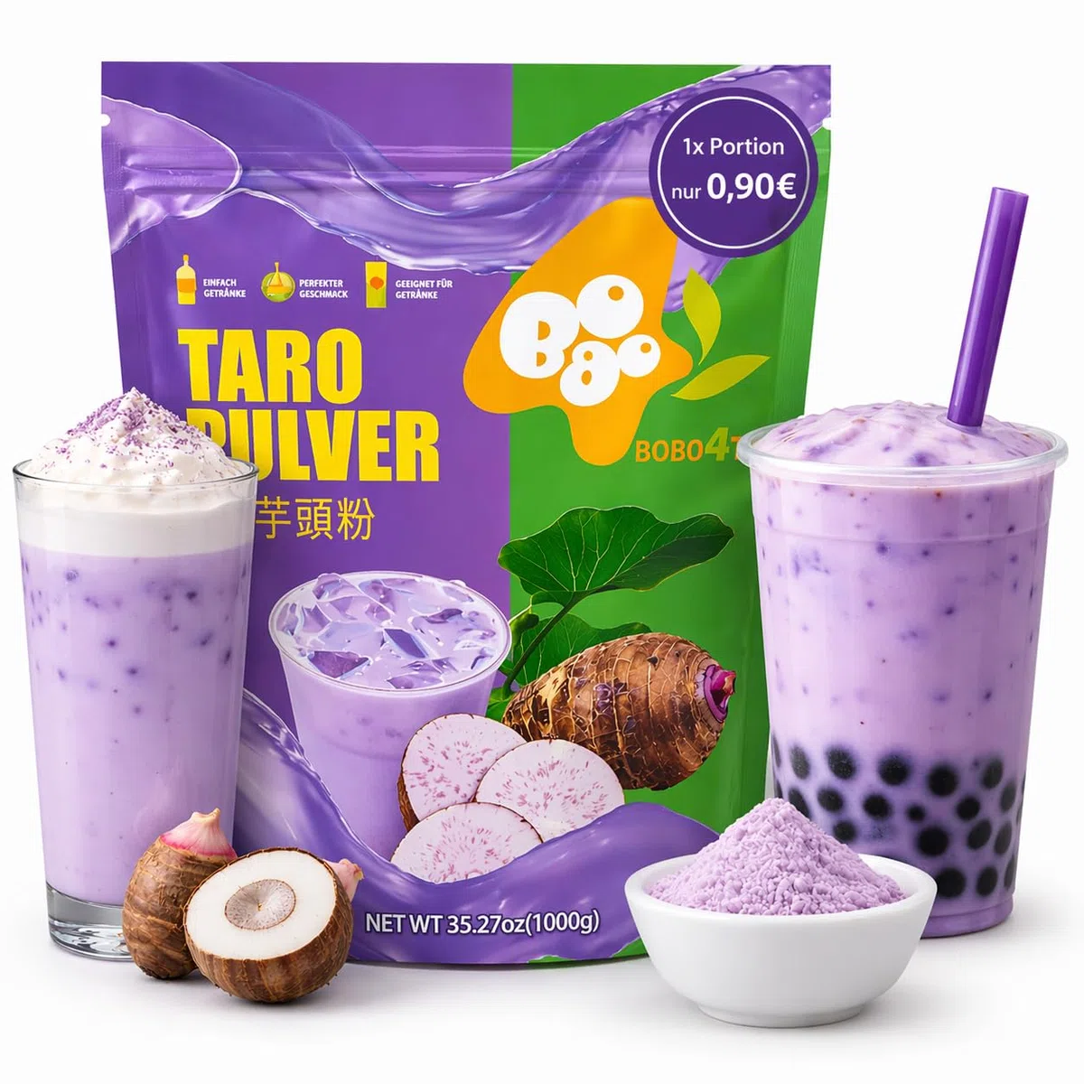 Bobo4T 3-in-1 Taro Bubble Tea & Milkshake Pulver 1kg – Premium Taro Latte Mix – Instant Getränkepulver für 30–40 Portionen