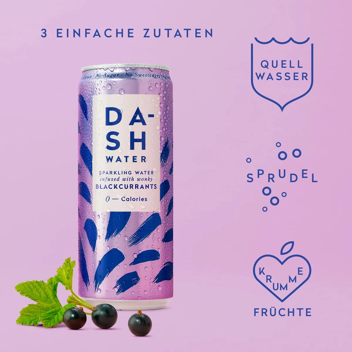DASH WATER Schwarze Johannisbeere - 12 x prickelndes Quellwasser mit Johannisbeergeschmack - KEIN Zucker, KEIN Süßstoff, KEINE Kalorien - Angereichert mit krummen Früchten (12 x 330ml Dosen)