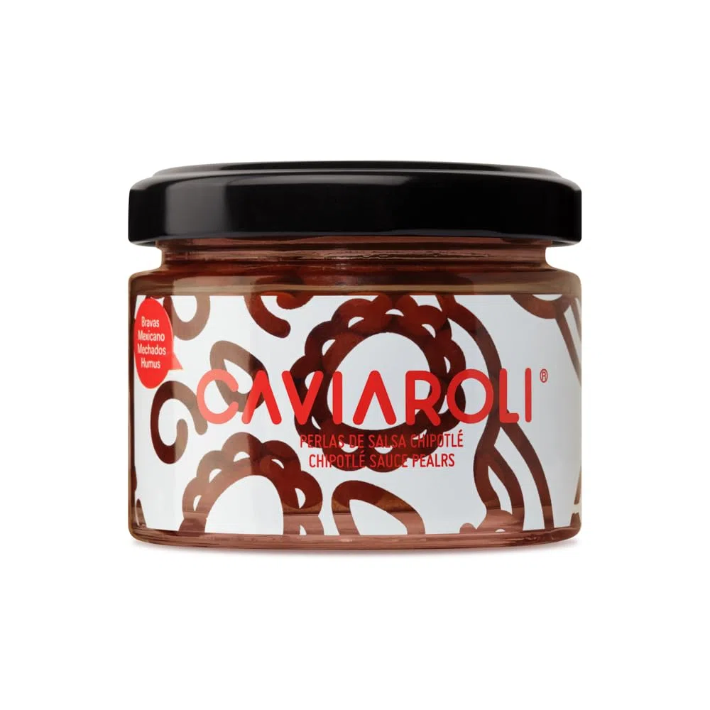 Chipotle Gourmet-Sauce-Perlen zum dressing oder zur dekoration, Glas 50g. Chipotle-Pfefferkügelchen in ihrem flüssigen Inneren zerplatzen im Mund, wenn man sie beißt. Würziger Geschmack mit rauchiger.