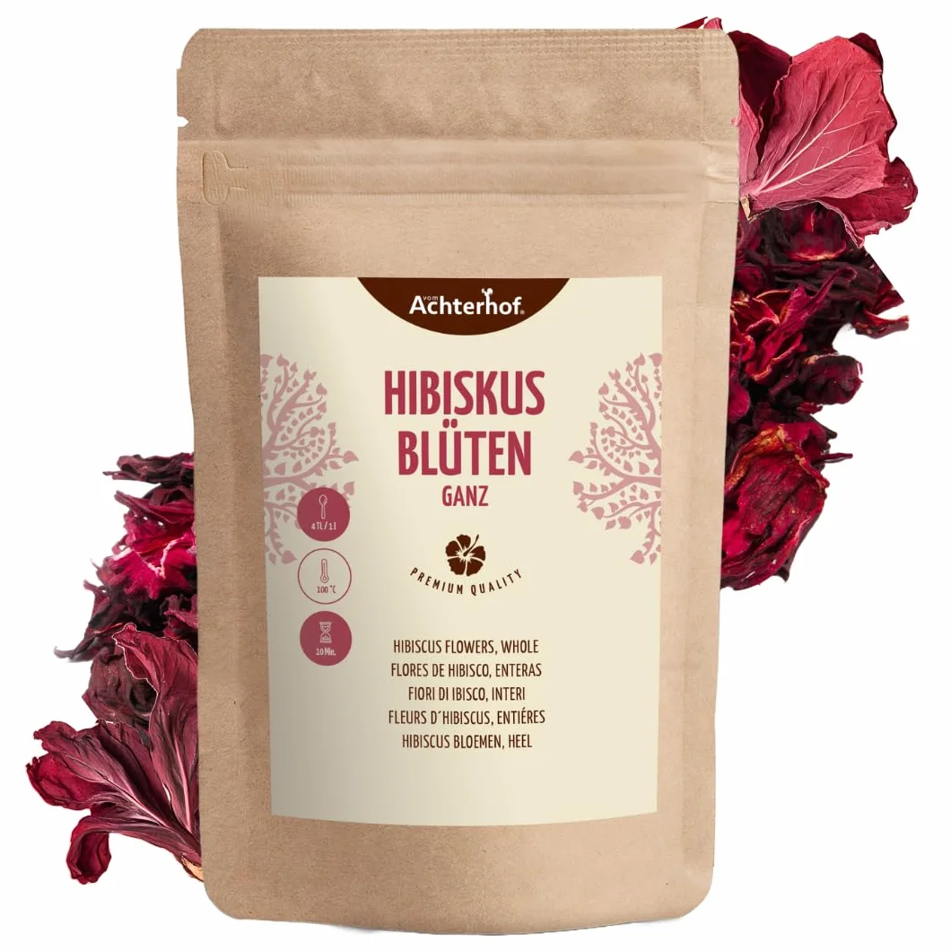 Hibiskusblüten ganz getrocknet 1000g | leicht säuerlich-fruchtiger Geschmack | essbare Hibiskus Blüte | süß-aromatischer Hibiskustee | ideal für Salate, Desserts, Kuchen, Joguhrts | vom Achterhof