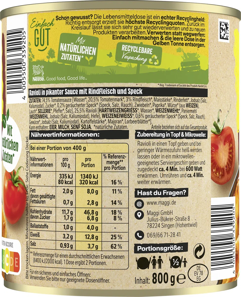 MAGGI Ravioli in pikanter Sauce, leckeres Fertiggericht mit Fleisch gefüllten Nudeln und Sauce, das Pasta-Original ideal fürs Camping oder den Vorratsschrank, 6er Pack (6 x 800g)