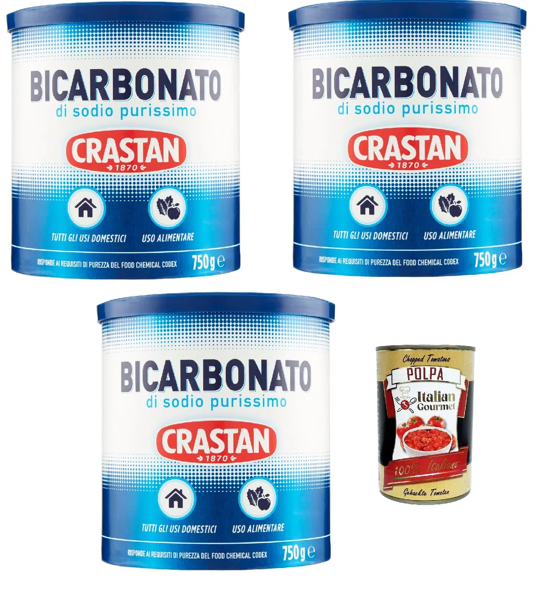 Italian Gourmet Bundle Natron/Natriumbicarbonat 3x 750g + Italian Gourmet Polpa Gratis – Reines Bicarbonat für Küche, Backen, Haushalt, Reinigung, Gerüche, Lebensmittelanwendung & Vorrat 2,25kg