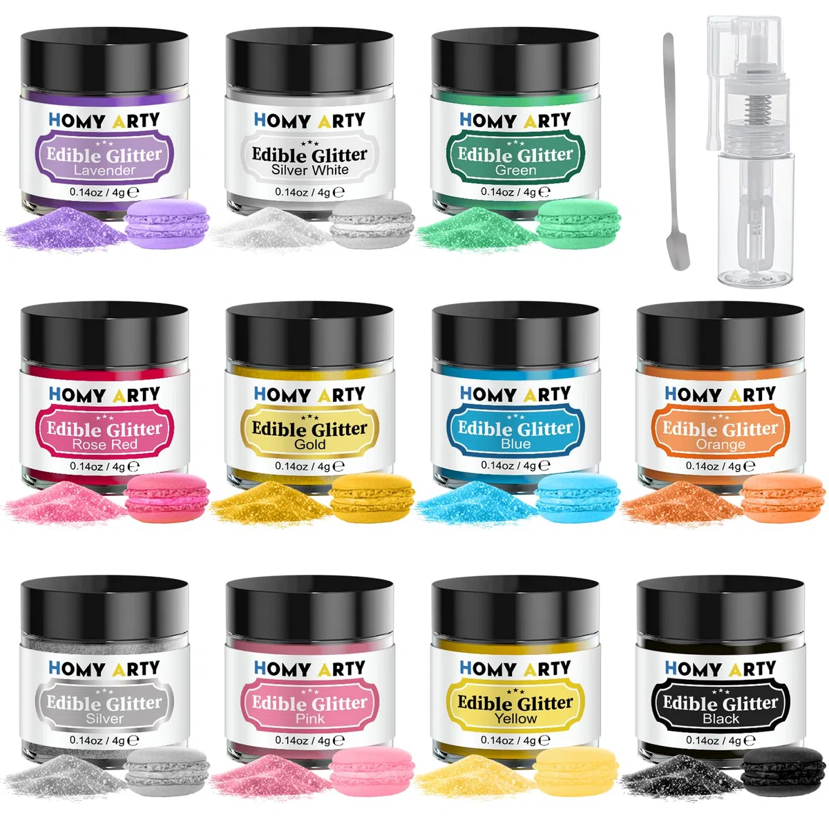 HOMY ARTY Essbares Glitzer Spray Set - 11 Farben Geschmacklos Essbare Glitzerpulver für Getränke, Lebensmittelfarbe Pulver, Essbarer Glitzer für Torte, Champagner, Cocktails, Glitzerspray Essbar - 4g