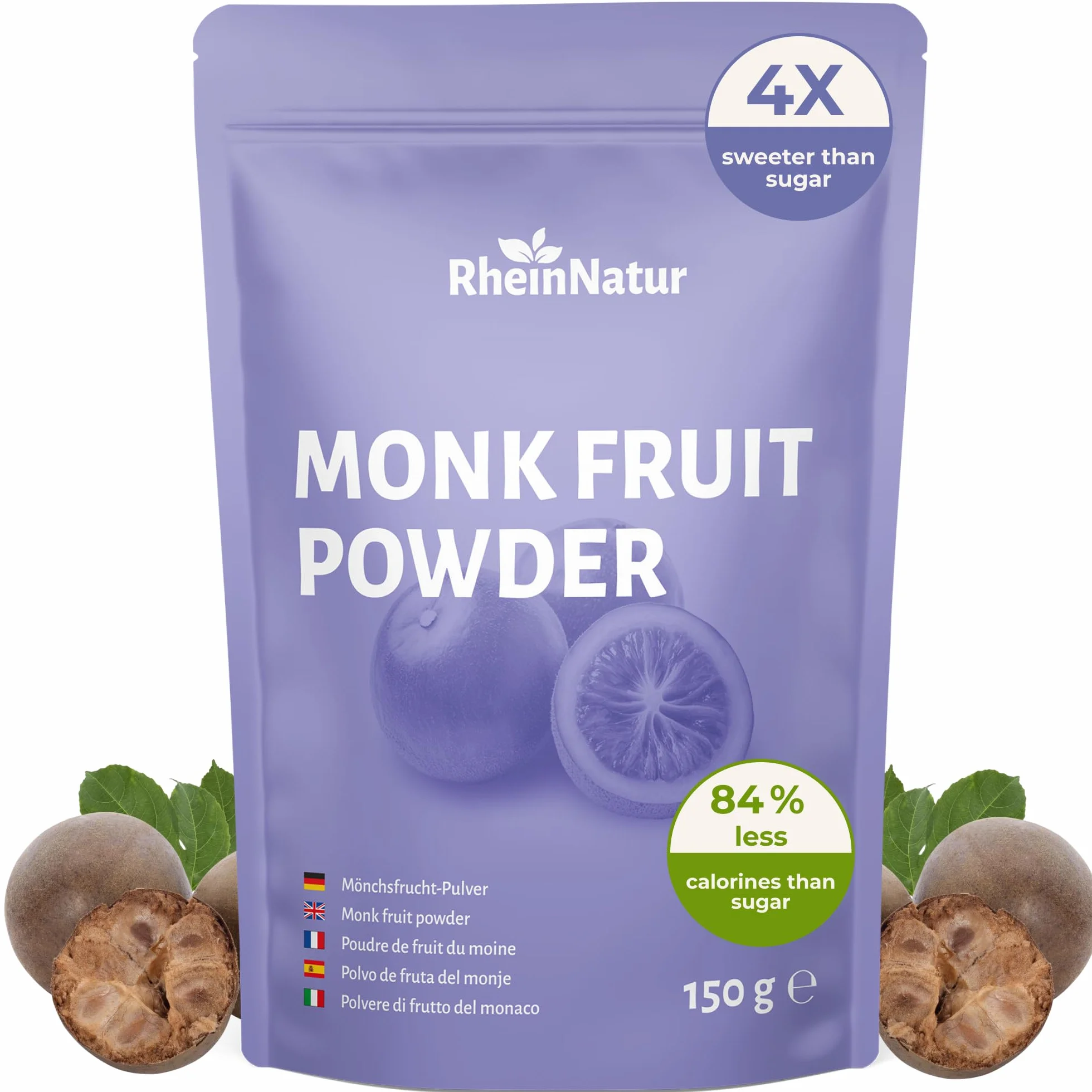 RheinNatur Mönchsfrucht Pulver 150 g - Natürliche Süße als Zuckerersatz - 84% weniger Kalorien als Zucker, hohe Süßkraft - Vegan & kalorienarm