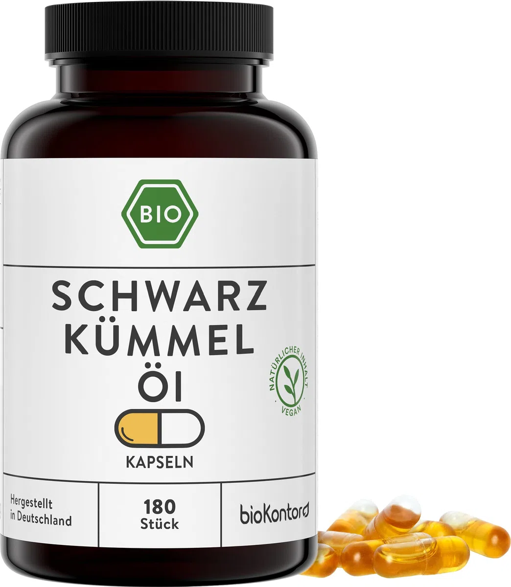 bioKontor Bio Schwarzkümmelöl Kapseln 180 Stück – ägyptisches Schwarzkümmelöl nativ kaltgepresst – 1000 mg pro Tagesdosis – Nigella Sativa Öl Kapseln vegan – Black Seed Oil Capsules