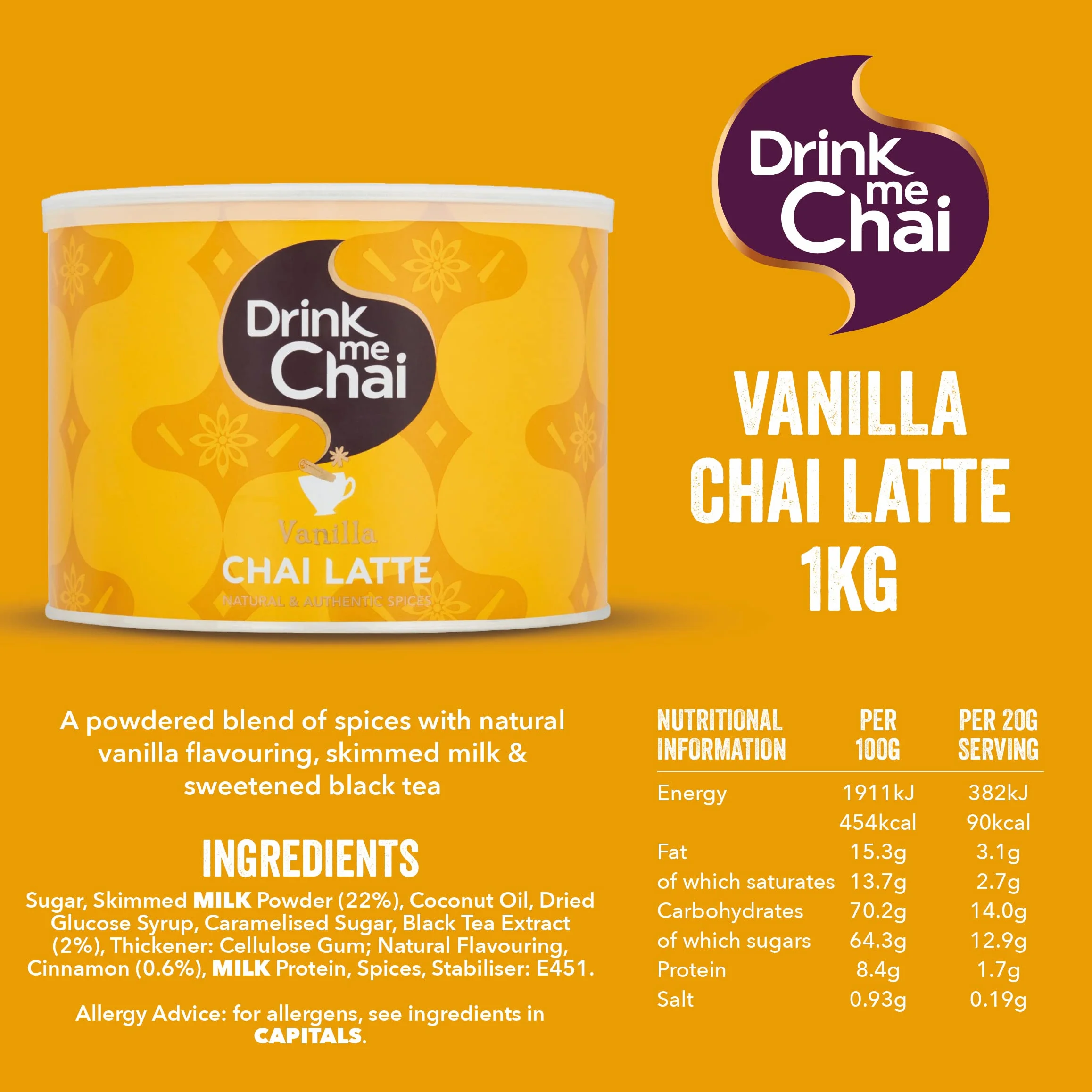 Drink me Chai Vanilla Chai Latte 1kg (1er Pack) - Einfach Wasser hinzufügen, Vanilla Chai Latte Pulver (50 Portionen)