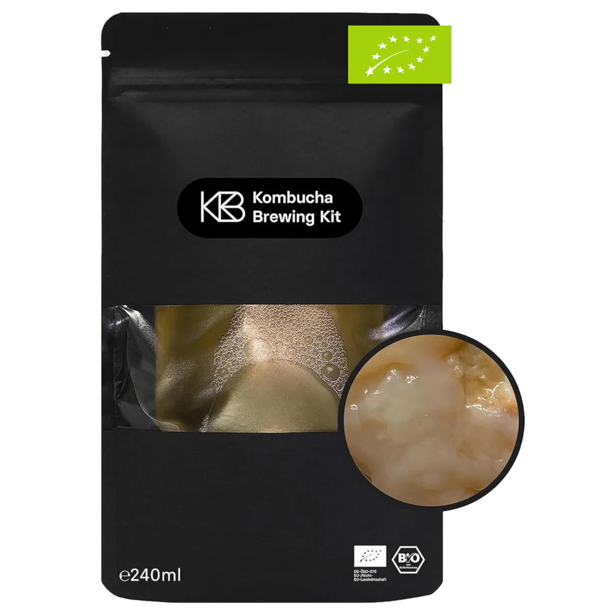 Kombucha Bio Scoby, sehr aktive Starterkultur mit Kombucha Pilz aus 100% Bio Tee, Erfolgsgarantie, zur Herstellung von 1,2 – 2,4 l, handgefertigt, vegan, glutenfrei, laktosefrei, 240 ml