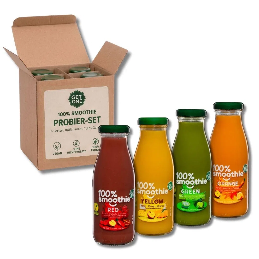 GetOne 100% Smoothie Probier-Set – 4 Sorten (Red, Yellow, Green, Orange) | 100% Direktsaft, ohne Zuckerzusatz, vegan, ohne Zusatzstoffe