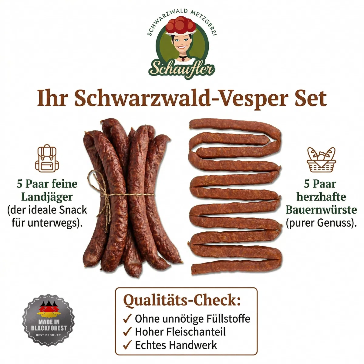 Schwarzwaldmetzgerei - Rohwürste - Set - 5 Paar Bauernwürste und 5 Paar Landjäger