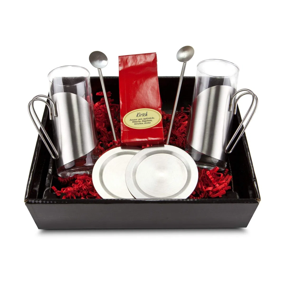Römer Präsente Geschenkset Teegenuss: 7-teilig; 2 Teegläser, 2 Untersetzer und 2 Trinkhalmlöffel und 1 Kirschtee (50 g)