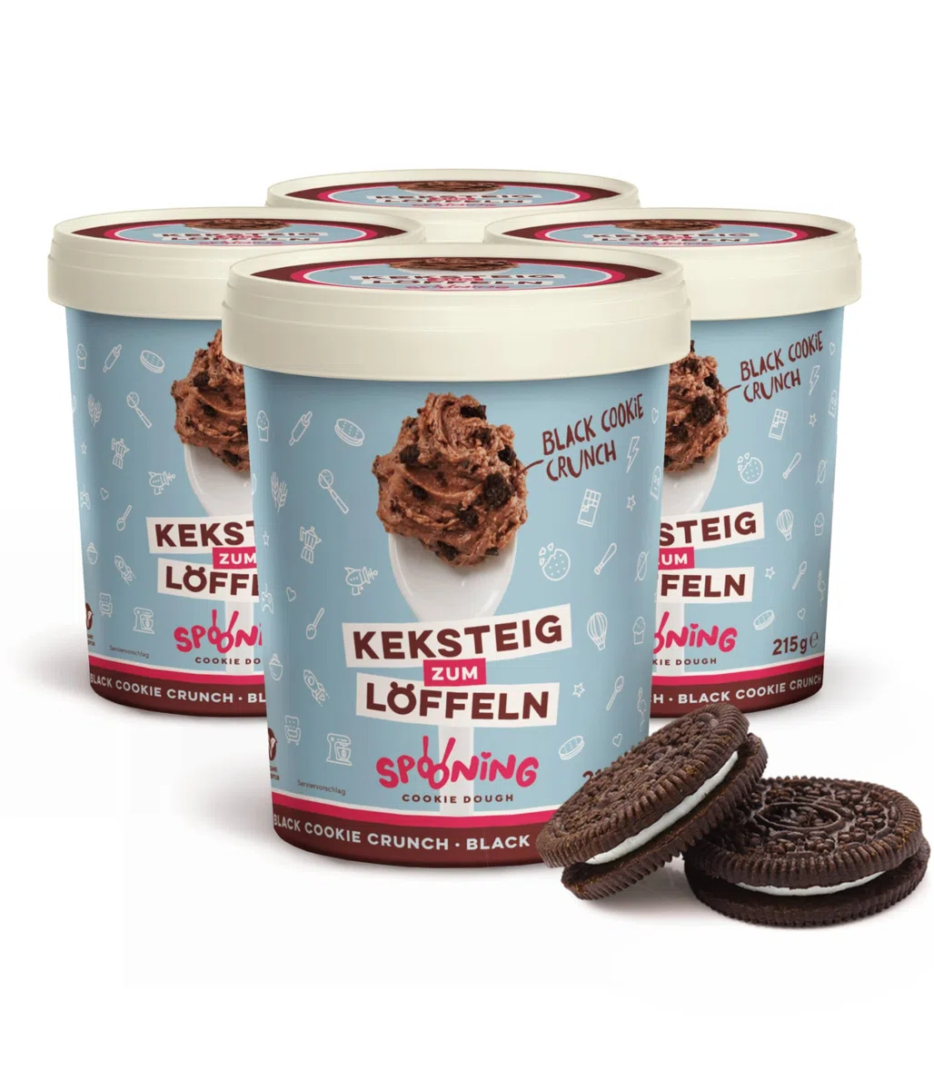 Original Spooning Cookie Dough Black Cookie Crunch, Keksteig zum Löffeln, Keksteigmischung, 4x 215g, VEGAN