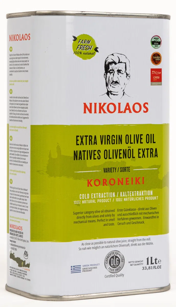 Olivenöl 1L aus Kreta „NIKOLAOS“ - Extra Nativ - Premium Qualität mit niedrigem Säuregehalt, Kaltgepresst, Reich an Polyphenolen, Neue Ernte: 2025/2026. MHD: 09.2027