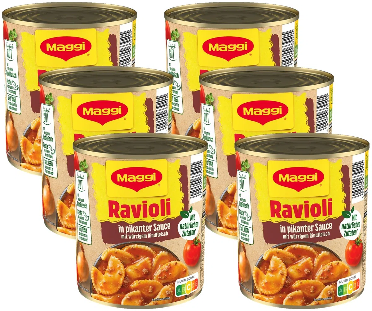 MAGGI Ravioli in pikanter Sauce, leckeres Fertiggericht mit Fleisch gefüllten Nudeln und Sauce, das Pasta-Original ideal fürs Camping oder den Vorratsschrank, 6er Pack (6 x 800g)