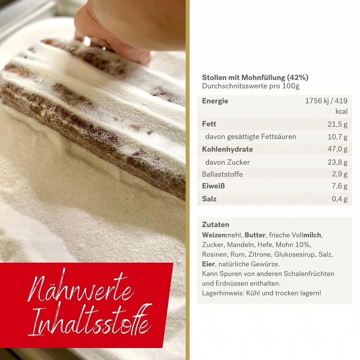 Krönner Mohn Stollen 500 g – Traditionelles Gebäck für die Festtage – Leckere Christstollen ohne künstliche Zusatzstoffe – Handgemachtes Weihnachtsgebäck in Premium-Qualität