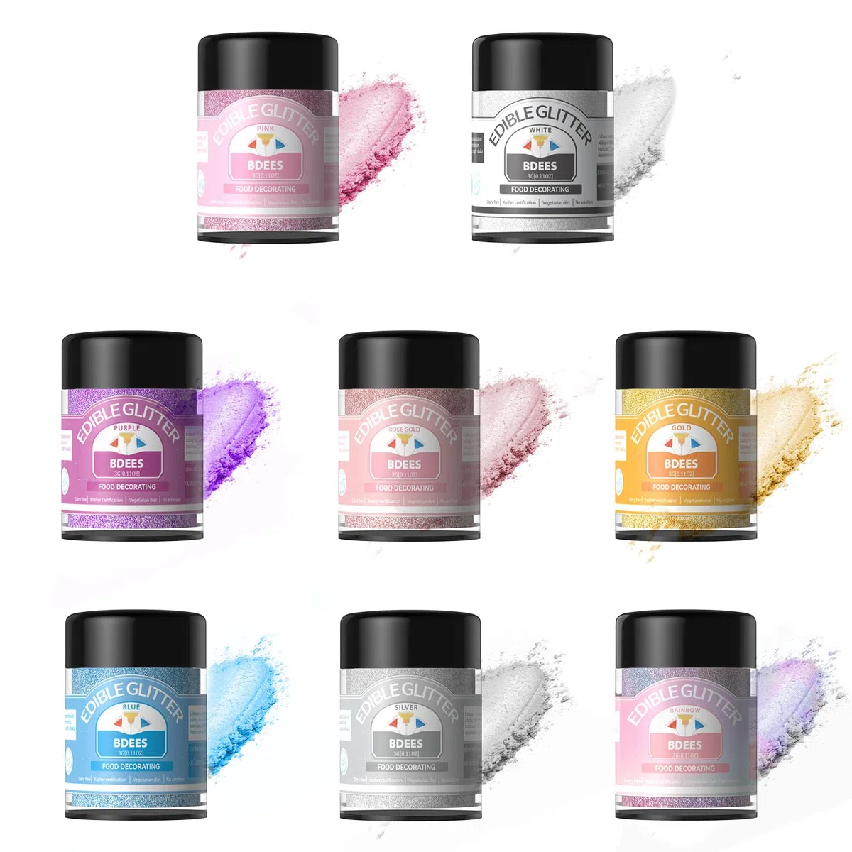 BDEES Essbarer Glitzer 8 Farben Regenbogen Set – Veganer Glanzstaub für Getränke und Kuchendekoration, Glutenfrei