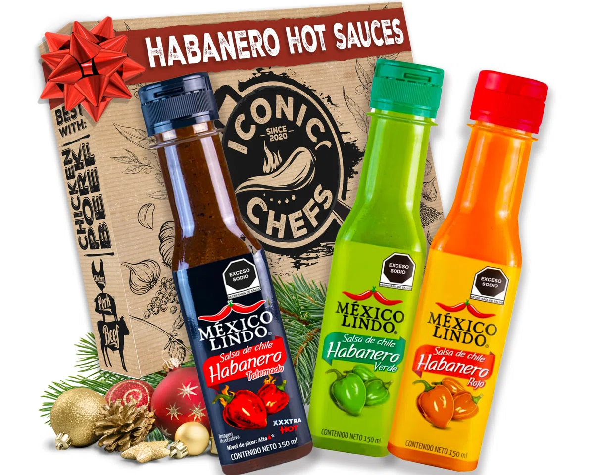 ICONIC CHEFS® Habanero Chili Hot Sauce Geschenkset – 100% MEXICO LINDO Chili Sauce Geschenkset Männer – 3x Scharfe Soße – Weihnachten Geschenk Idee – Scharfe Soßen Set– Grill Geschenke für Weihnachten