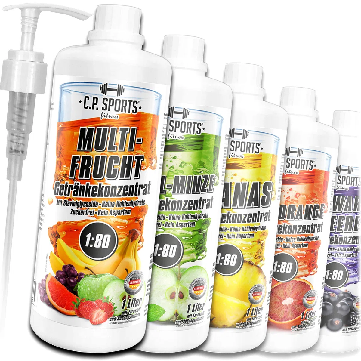 C.P. Sports Konzentrat zuckerfrei 1:80 (ca. 80 Liter Fertiggetränk) + Dosierpumpe – Getränkekonzentrat Getränkesirup Fitness Sport Getränk – L-Carnitin & Vitamine – 1 Liter Ananas