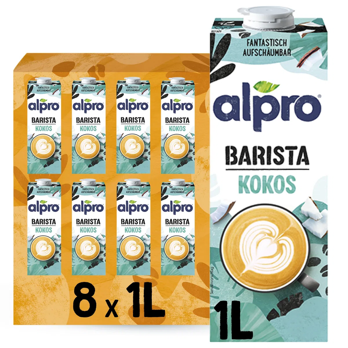 Alpro Barista Kokos – Zum Aufschäumen – 100 Prozent pflanzlich, vegan und milchfrei – Von Natur aus laktosefrei – Reich an Calcium und Vitaminen – 8 x 1 L