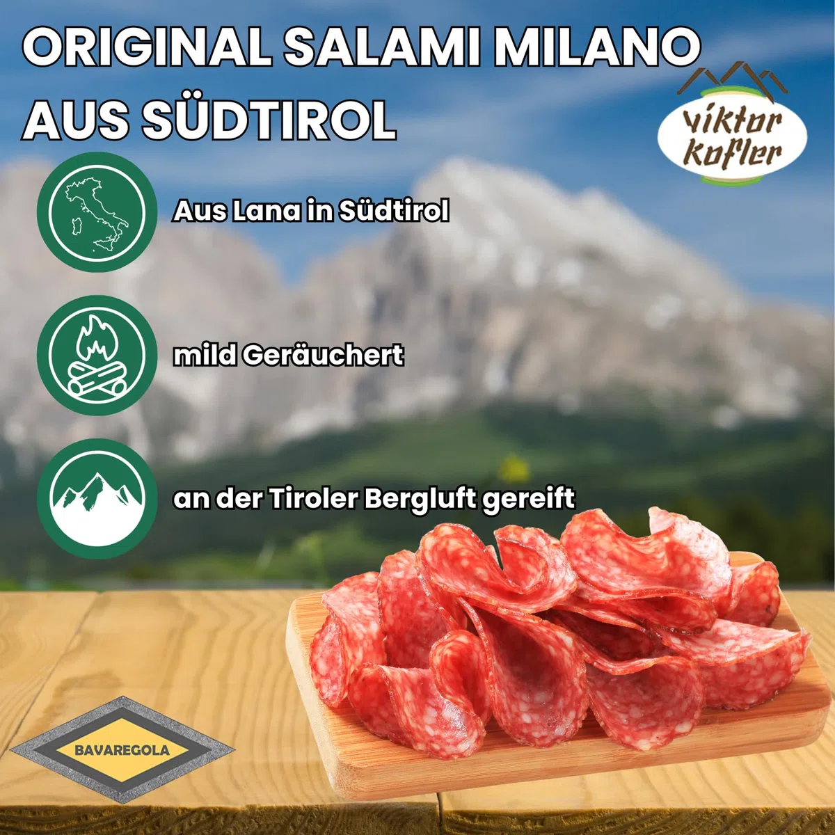 BAVAREGOLA Mailänder Salami 500g ungebunden im ganzen ca. 30cm - Original luftgetrocknete italienische Salami am Stück - Südtiroler Spezialität