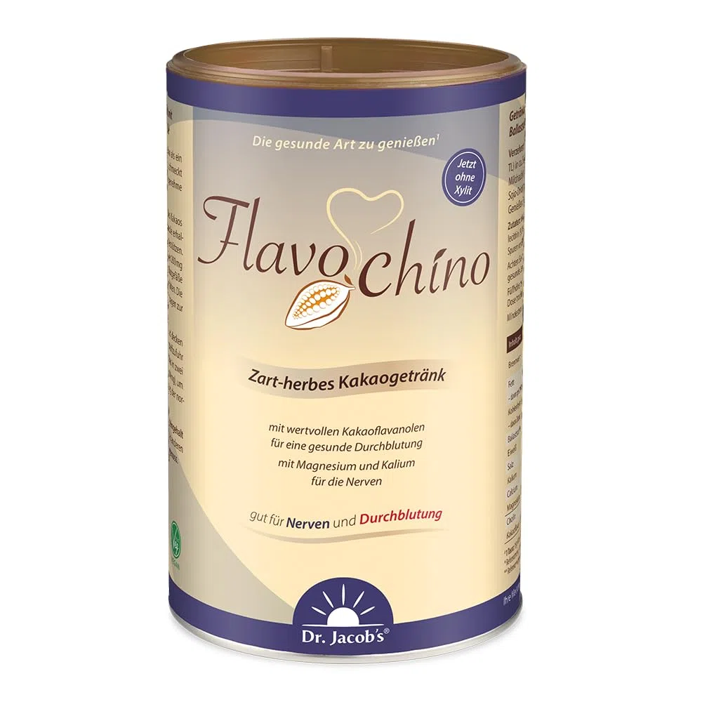 Dr. Jacob‘s Flavochino 450 g Dose I zart-herbes Kakaogetränk I mit Kakaoflavanolen für eine gesunde Durchblutung* I mit Mineralstoffen für Nerven und Blutdruck* I 53% Kakaopulver, ohne Zuckerzusatz