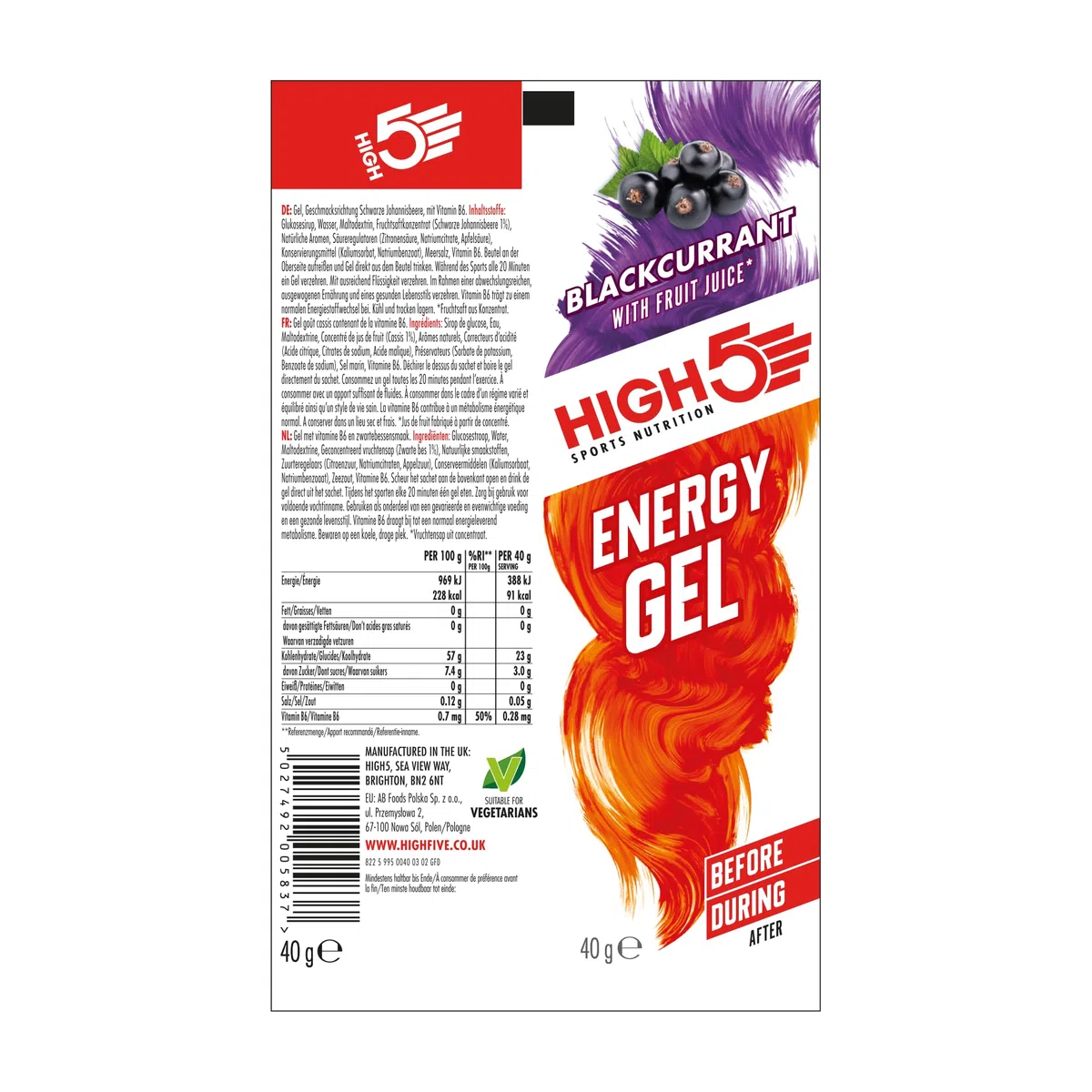 HIGH5 Energy Gel, Energie-Gel im schnell zu öffnenden Portionsbeutel, mit natürlichem Fruchtsaft | (Schwarze Johannisbeere, 20 x 40g)