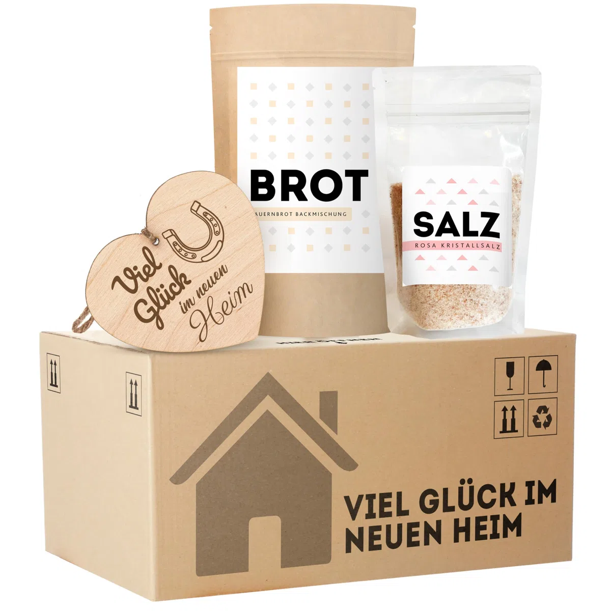 Einweihungsgeschenk für Wohnung und Haus, originelles Brot und Salz Geschenk zum Einzug im mini Umzugskarton, tolles Einzugsgeschenk für Haus und Wohnung, mit Holzherz