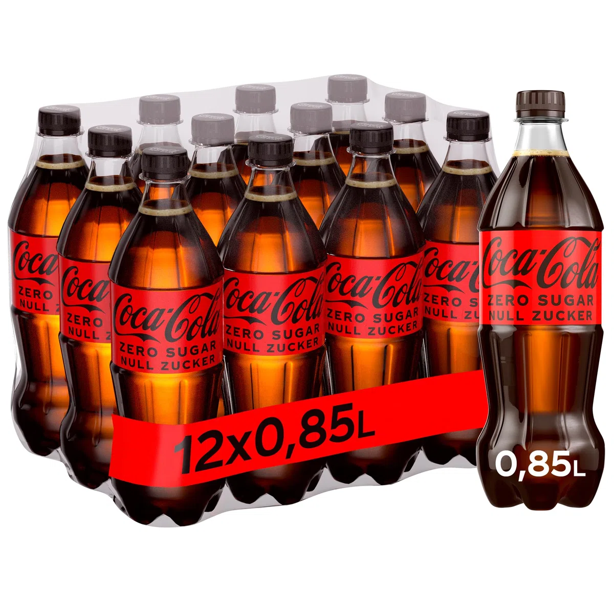 Coca-Cola Zero Sugar - koffeinhaltiges Erfrischungsgetränk mit originalem Coca-Cola-Geschmack - null Zucker und ohne Kalorien - erfrischender Softdrink in Einweg Flaschen (12 x 850 ml)