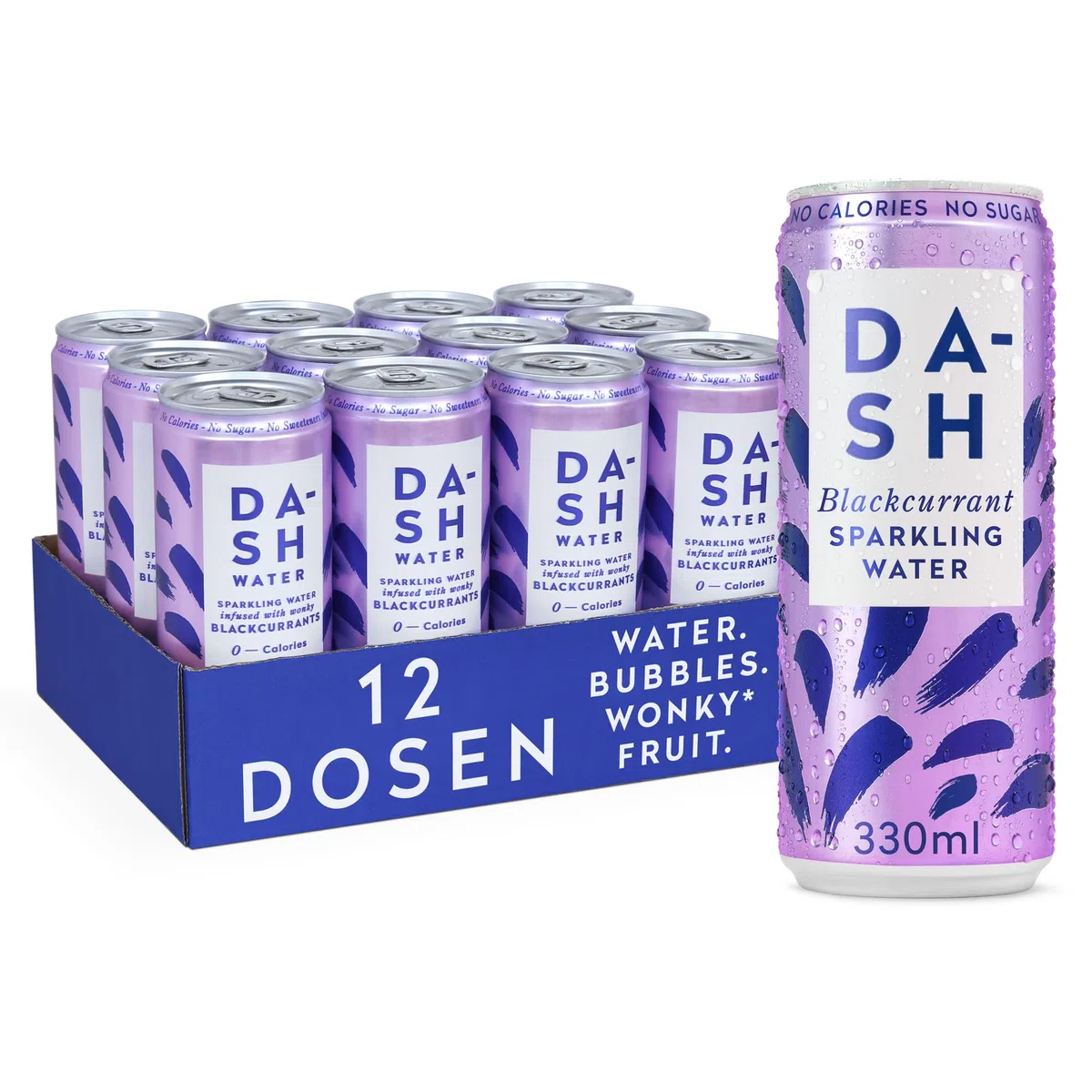 DASH WATER Schwarze Johannisbeere - 12 x prickelndes Quellwasser mit Johannisbeergeschmack - KEIN Zucker, KEIN Süßstoff, KEINE Kalorien - Angereichert mit krummen Früchten (12 x 330ml Dosen)
