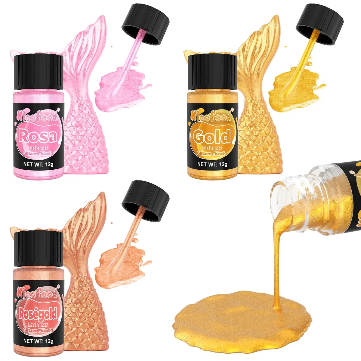 Flüssig Essbarer Glitzer - 3 Farben Glitzer, Metallic Flüssiges Essbares Glitzerpulver, Lebensmittelfarbe Glitzer für Cupcakes, Backen, Kuchendekoration, Diy Kekse, Macarons -12ml/Flasche