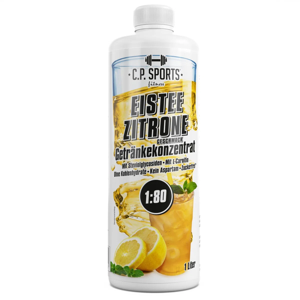 C.P. Sports Getränkesirup zuckerfrei, aspartamfrei, kalorienfrei 1:80 (ca. 80 Liter Fertiggetränk) + Dosierpumpe – Carnitin & Vitamine – Getränkekonzentrat Konzentrat Sirup – Eistee-Zitrone