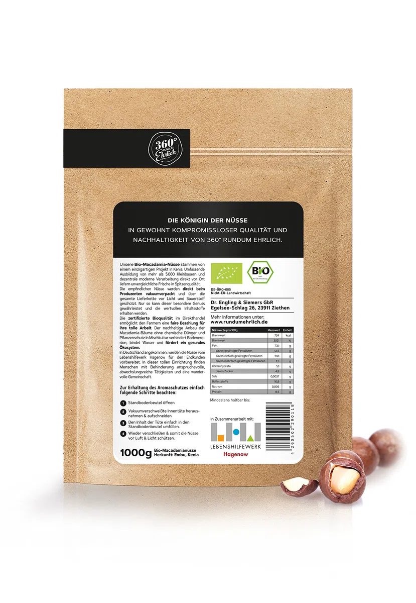 Macadamianüsse Bio zertifiziert in höchster Güteklasse | Naturbelassen, roh und ungesalzen | Macadamia Nüsse ganze Kerne | Wiederverschließbar | Direkt und fair gehandelt aus Kenia | 1000 Gramm