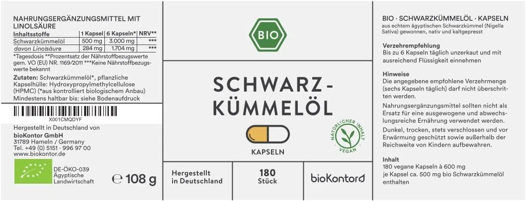 bioKontor Bio Schwarzkümmelöl Kapseln 180 Stück – ägyptisches Schwarzkümmelöl nativ kaltgepresst – 1000 mg pro Tagesdosis – Nigella Sativa Öl Kapseln vegan – Black Seed Oil Capsules