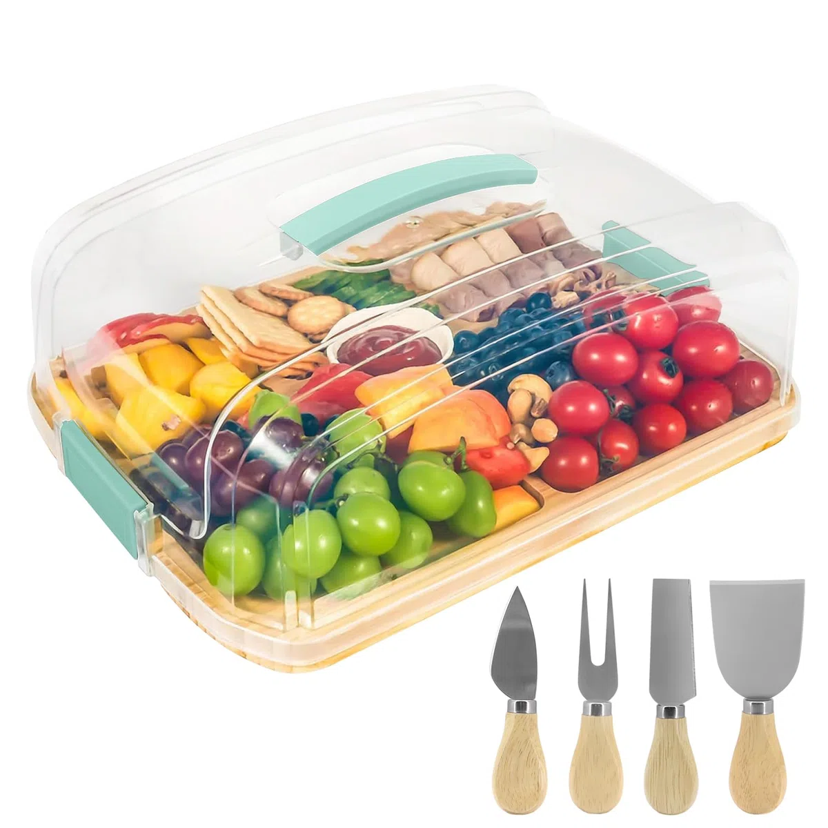Käsebrett mit 4 Utensilien Set, Portable Charcuterie Board mit Deckel Griff für Fleisch Snack Reisen, Bambus Käsebrett Geschenk-Set für Partys Gäste Picknicks, Schneidebretter für Küche