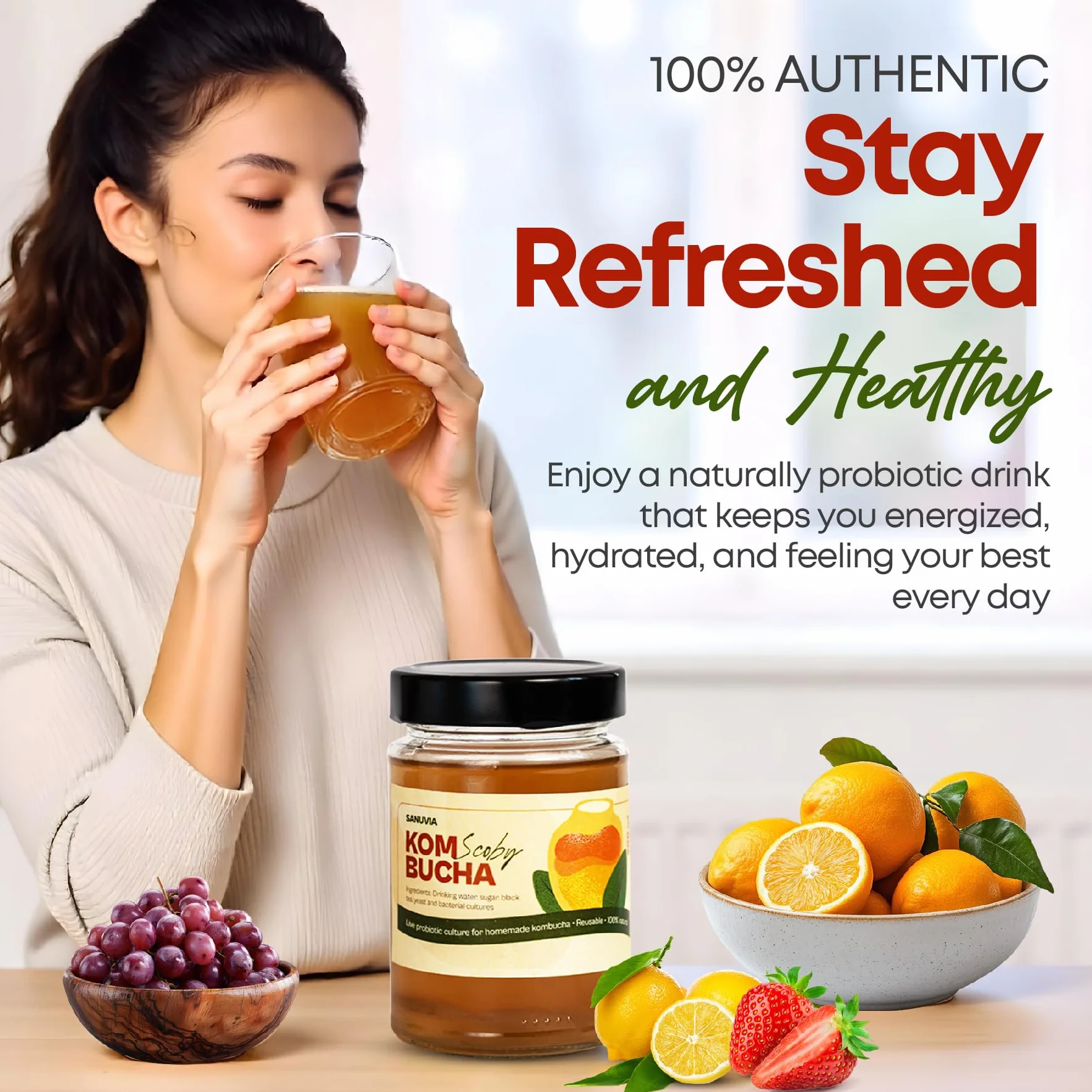 SANUVIA Kombucha SCOBY Starterkultur - Teepilz mit 300 ml Startertee im Glas - Vegan, Live-Kultur, wiederverwendbar - Anleitung auf Etikett - 100% natürlich