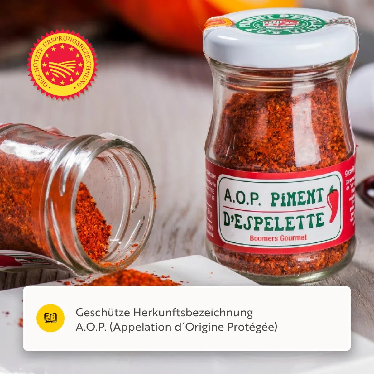 Boomers Gourmet - Piment d'Espelette AOP 50g | Original Darguy Chili aus dem Baskenland, baskisches Chilipulver mild-rauchig gemahlen, Espelette Gewürz für Fisch, Lamm, Pasta & Grill, seit 1981
