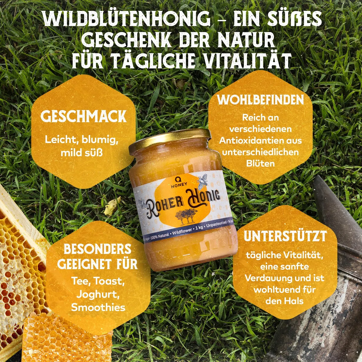 Q Honey Roher Wildblütenhonig 1kg, Imkerhonig aus Litauen, Platin 2026 | Naturbelassener Honig ohne Zusätze, ungefiltert - London Honey Award Platin 2026, ideal für Frühstück, Tee & Brot