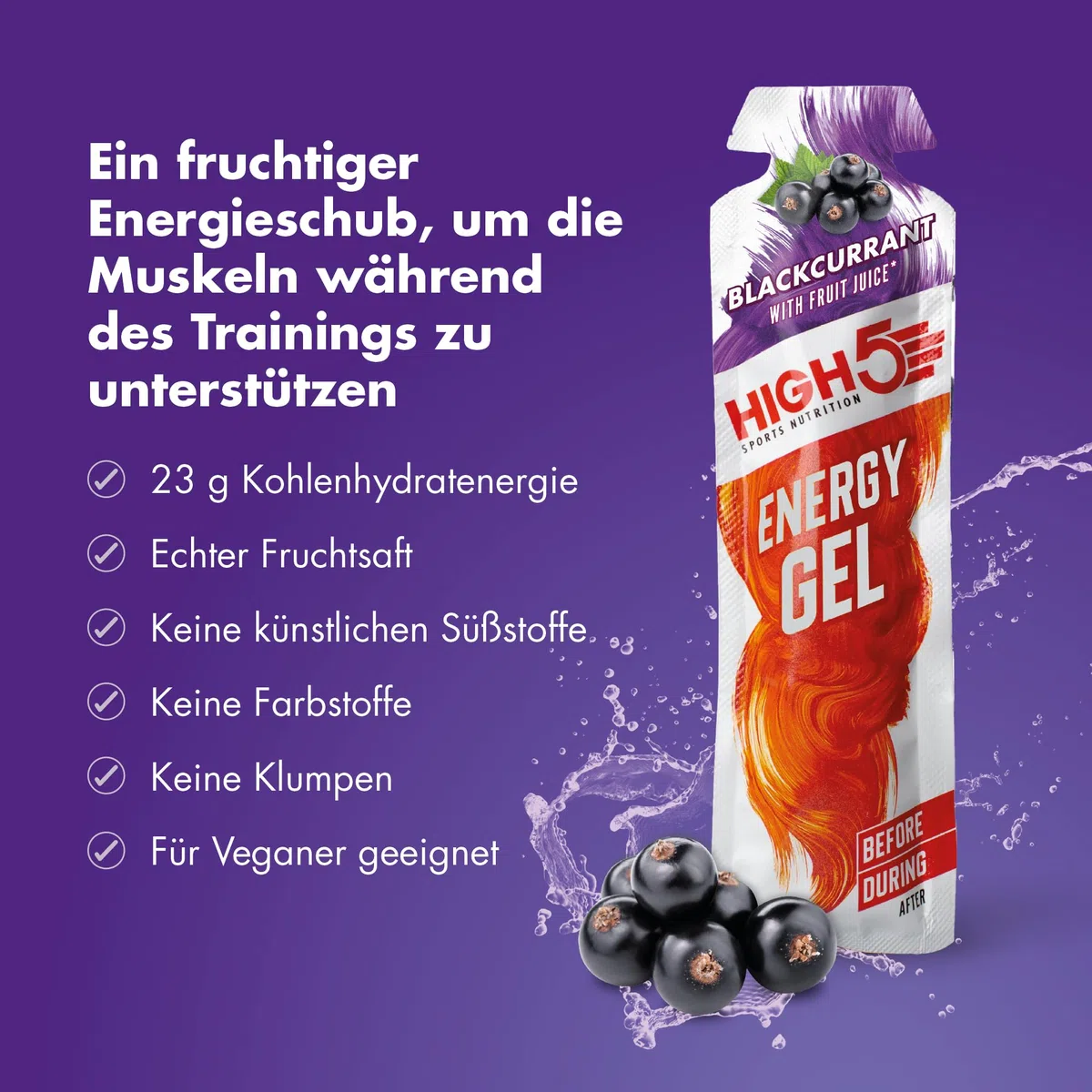 HIGH5 Energy Gel, Energie-Gel im schnell zu öffnenden Portionsbeutel, mit natürlichem Fruchtsaft | (Schwarze Johannisbeere, 20 x 40g)