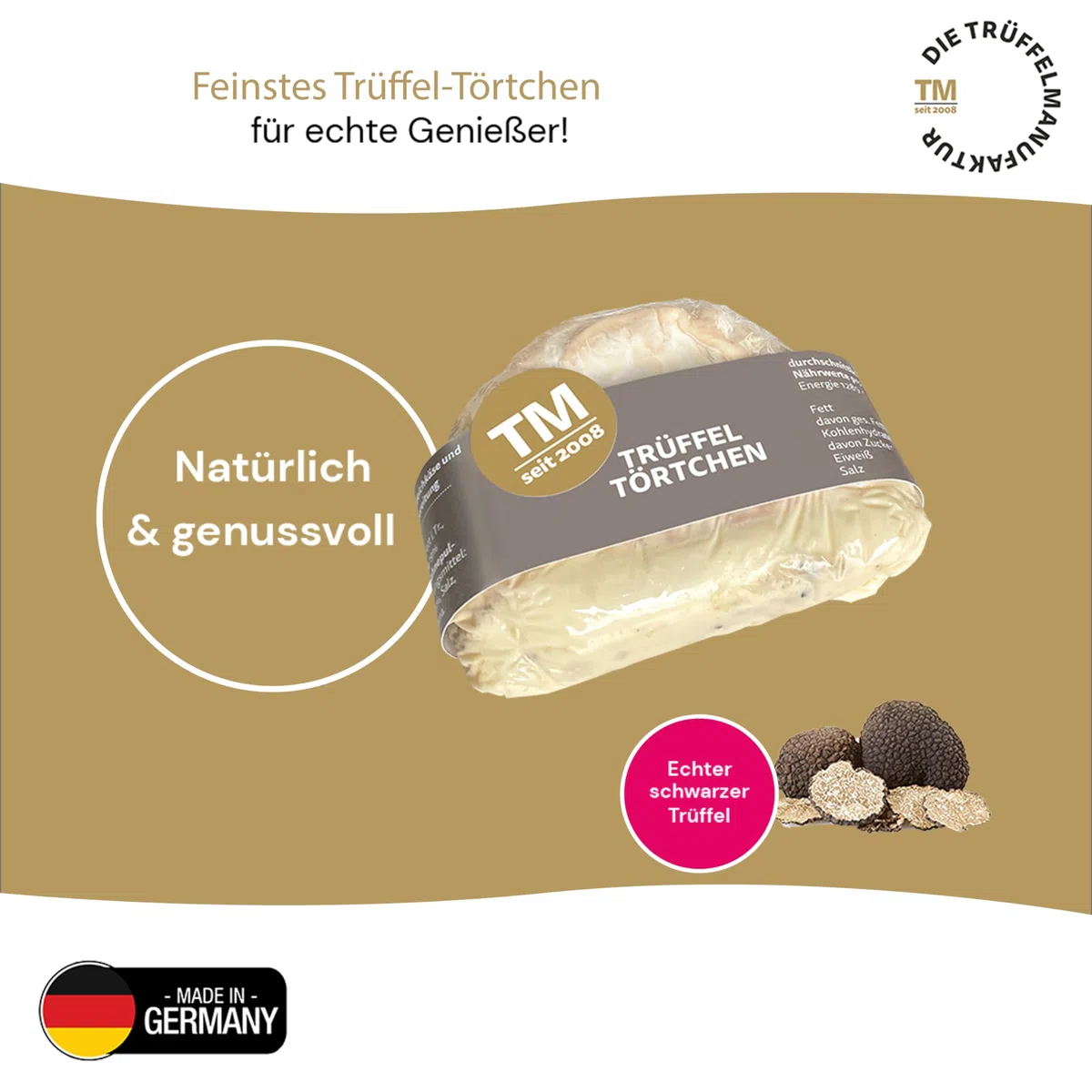 Die Trüffelmanufaktur - Feinkost Trüffelkäse mit 5% echtem schwarzem Trüffel, sahniges frisches Trüffel-Käse-Törtchen mit feiner Mascarpone Frischkäse-Trüffelfüllung, Gourmet Weichkäse 110 g