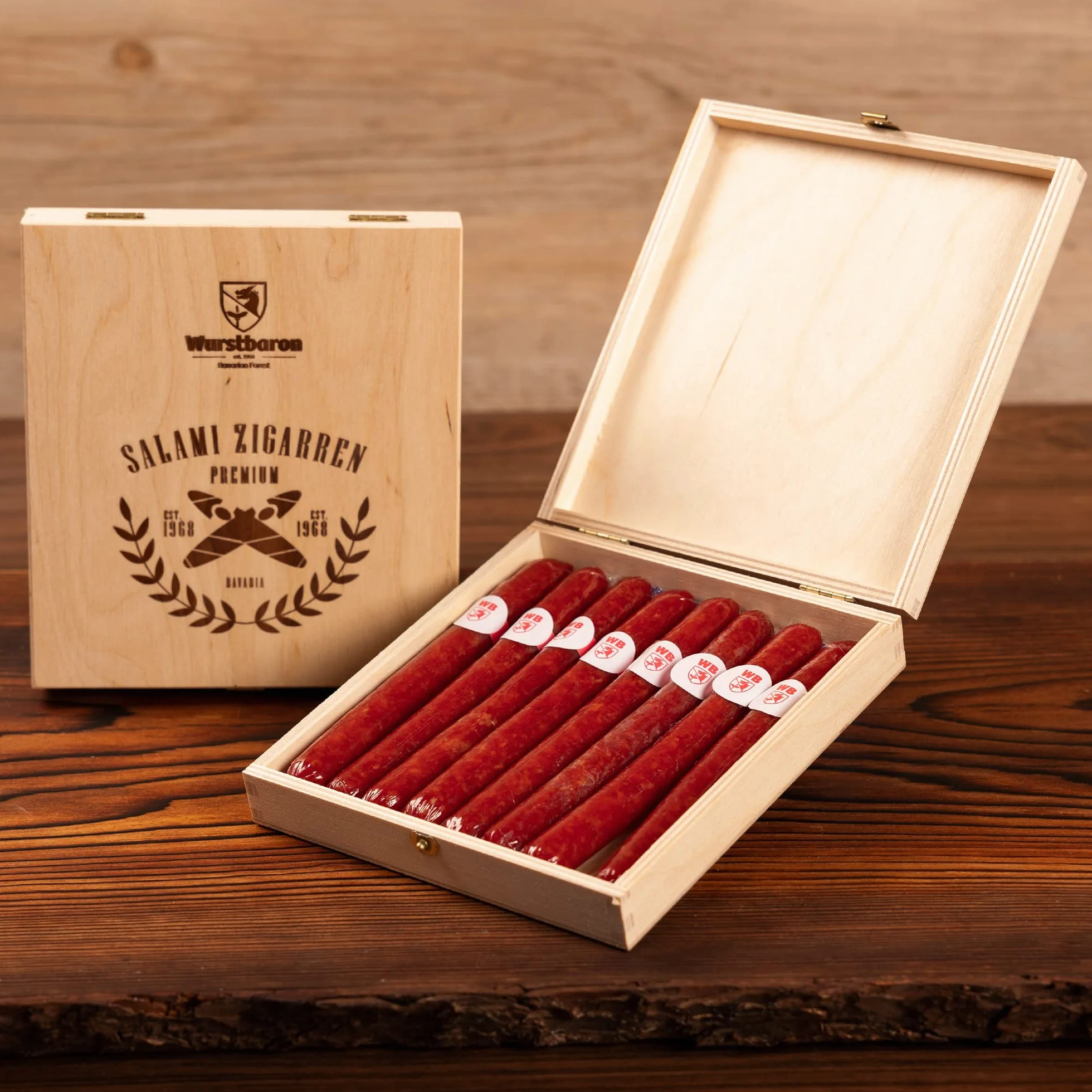 Wurststicks aus Salami in hochwertiger Holz-Geschenk-Box/Wurst Geschenk für Männer/Wurstsnack Geschenkidee in hochwertiger Qualität