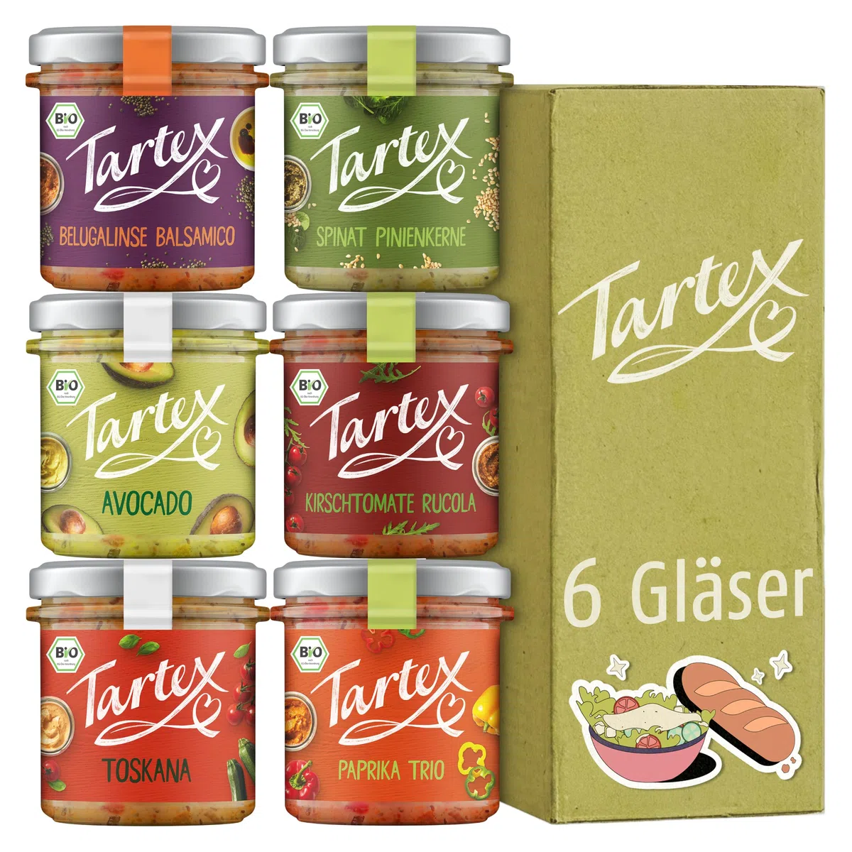 Tartex Lieblinge Box | Bio vegane Brotaufstriche | 6 Gläser | Die beliebtesten Sorten | herzhaft & vegan | aufs Brot oder als Dip | im Vorteilspack, 825g
