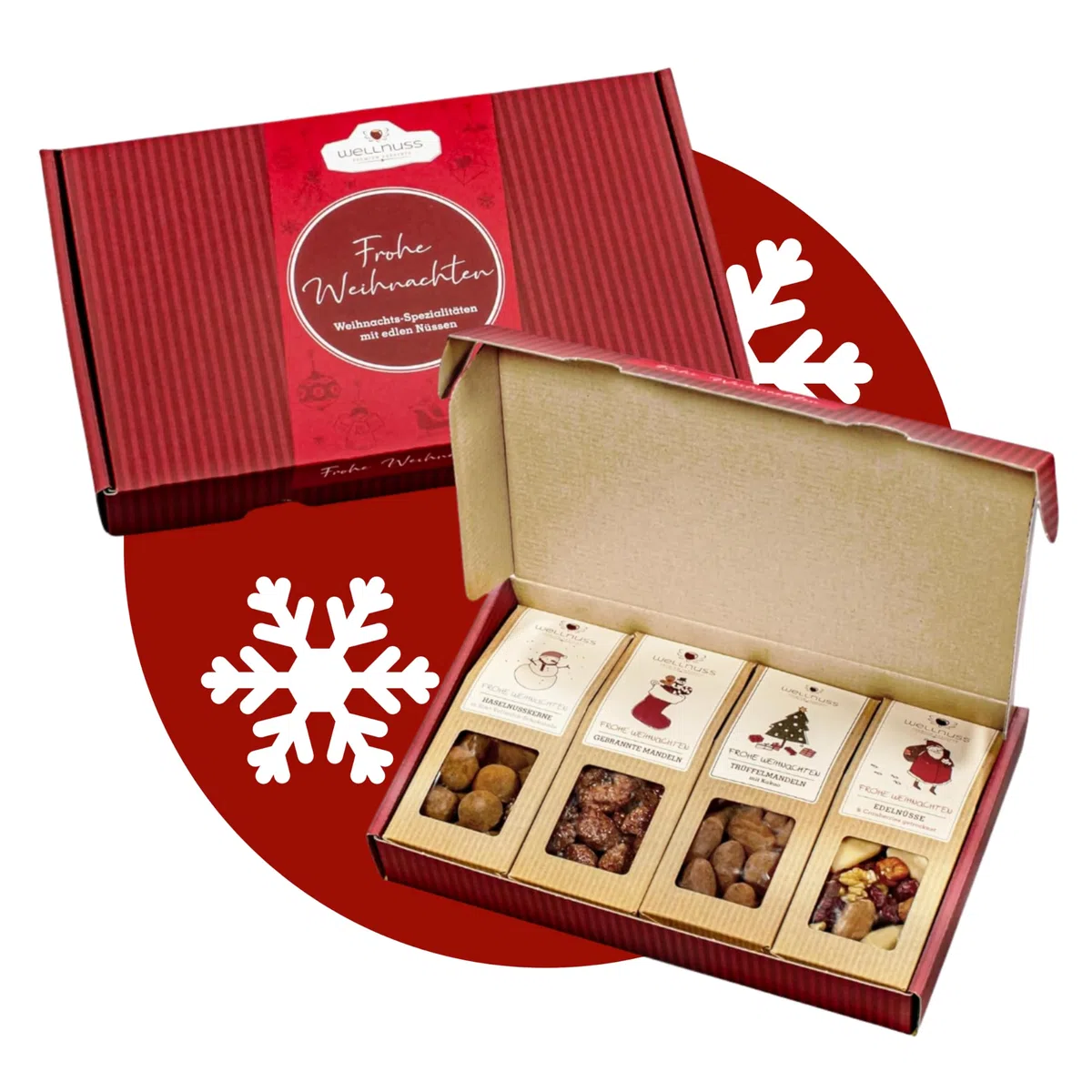 wellnuss "Limitierte Weihnachtsedition" - 4 Snacks im Geschenkkarton | Gourmet Snackmischungen für Erwachsene aus Nüssen, Früchten & Schokolade | Das Besondere Geschenk zu Weihnachten