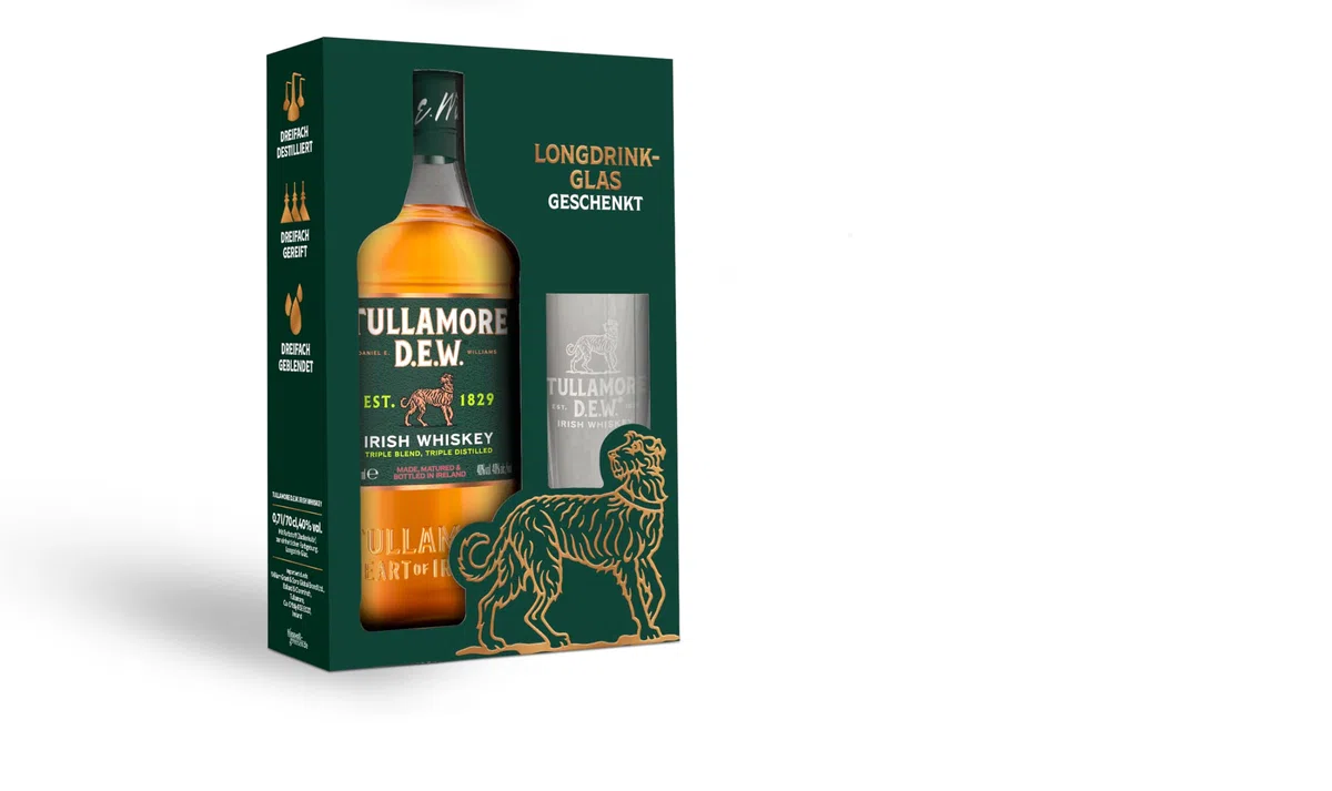TULLAMORE DEW Irish Whiskey – mild & ausgewogen – limitiertes Geschenkset mit Longdrinkglas – perfekt für den erfrischenden Lemon & Lime Drink – 40% vol. - 0,7 l