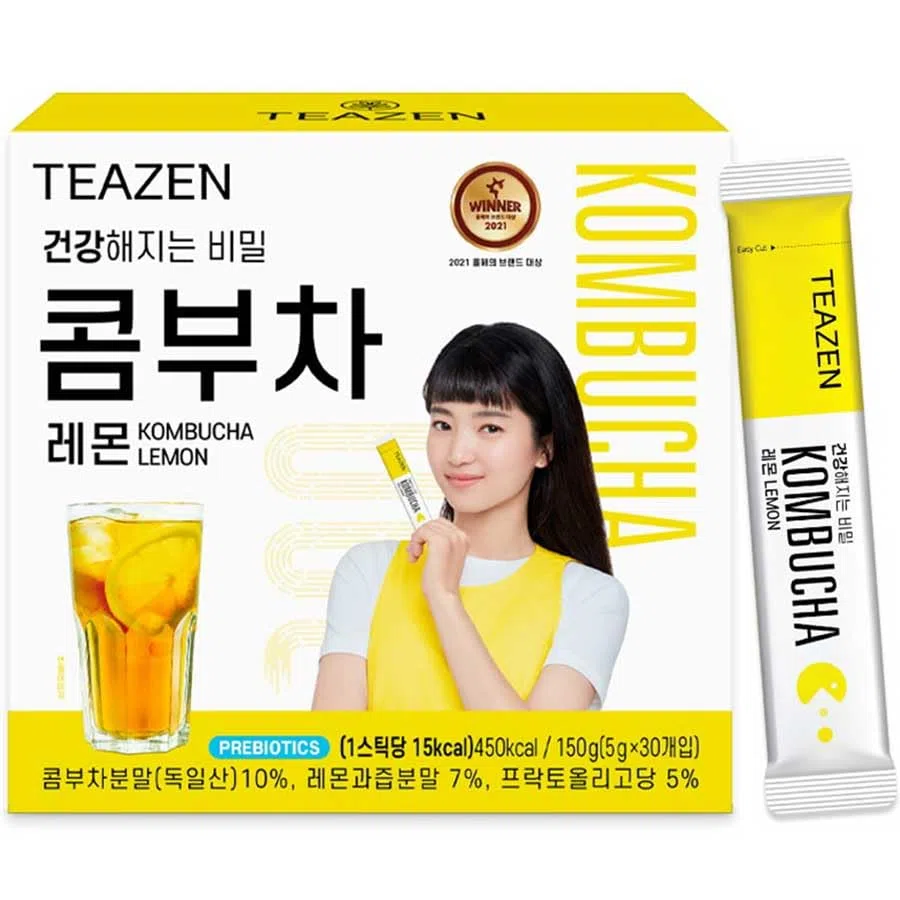 [TEAZEN] Lemon Kombucha Tea 30 Sticks/Live Probiotics & Postbiotics/Sugar Free/Low Caffeine/Sparkling Fermented Kombucha Powder