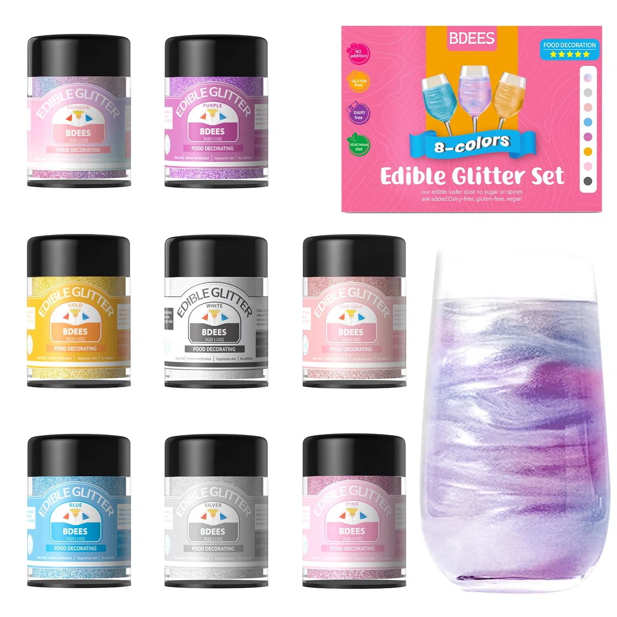 BDEES Essbarer Glitzer 8 Farben Regenbogen Set – Veganer Glanzstaub für Getränke und Kuchendekoration, Glutenfrei