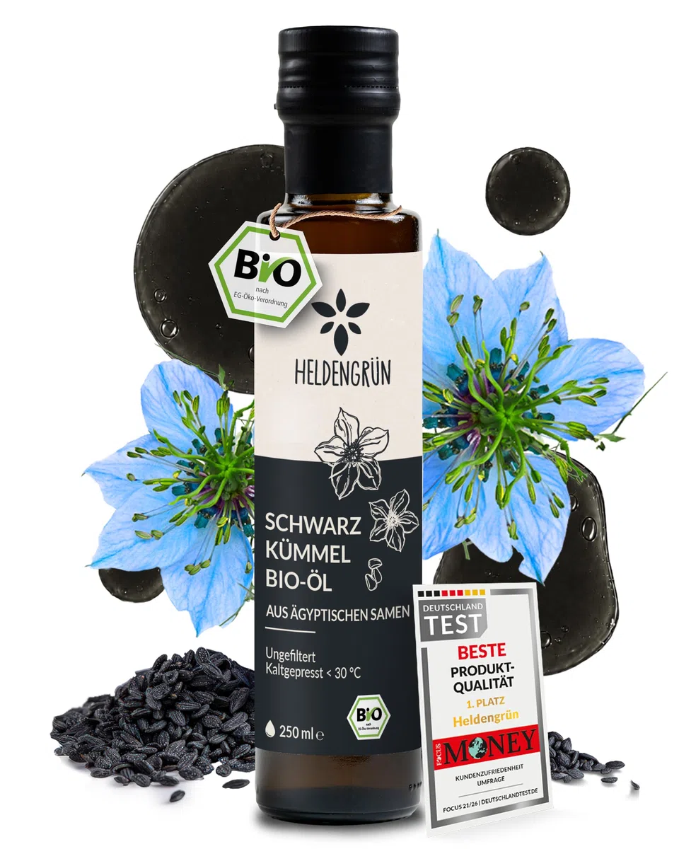 Heldengrün® BIO Schwarzkümmelöl [100% NATURREIN] ungefiltert & kaltgepresst aus ägyptischen Nigella-sativa-Samen, mit natürlichem Thymochinon-Gehalt - Schwarzkümmel Öl (250 ml)