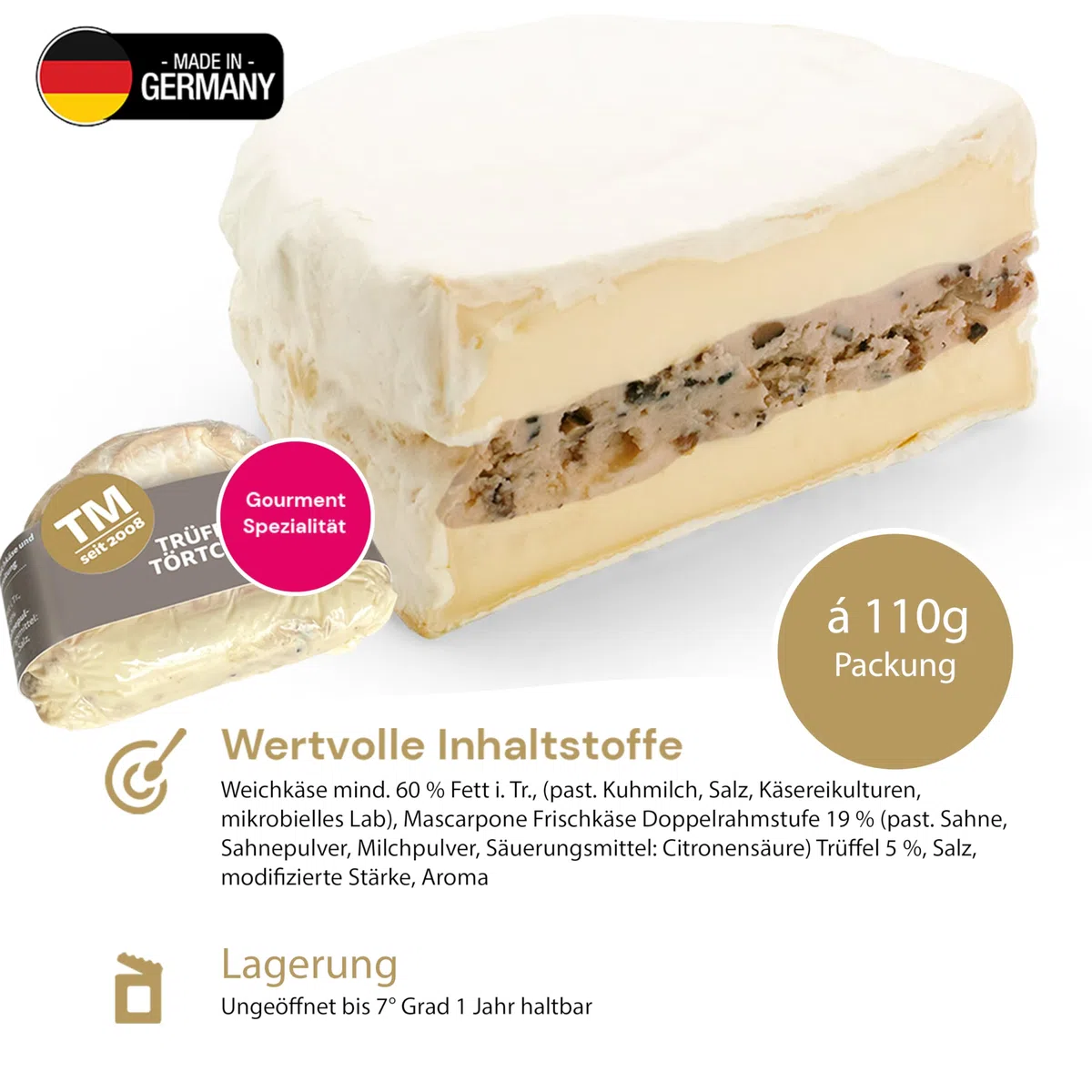 Die Trüffelmanufaktur - Feinkost Trüffelkäse mit 5% echtem schwarzem Trüffel, sahniges frisches Trüffel-Käse-Törtchen mit feiner Mascarpone Frischkäse-Trüffelfüllung, Gourmet Weichkäse 110 g