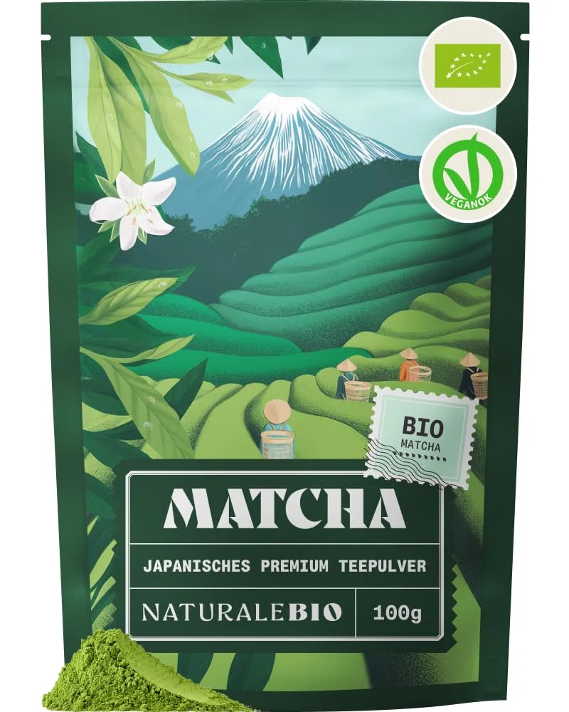 NaturaleBio Matcha Tee Pulver Bio - Premium-Qualität - 100g. Original Green Tea aus Japan. Japanischer ideal zum Trinken. Grüntee für Latte, Smoothies Getränk. Hergestellt in Uji, Kyoto.